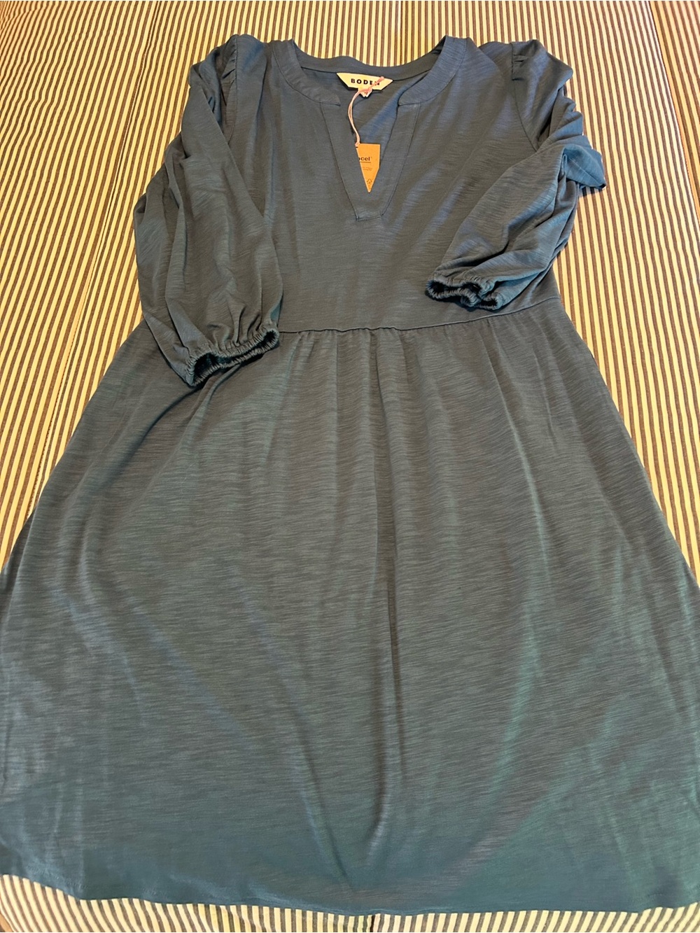 Boden Teal Knee-Length V-Neck Dress with Puff Sleeves